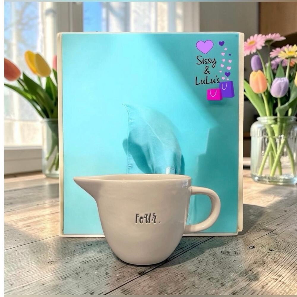 Rae Dunn POUR Creamer Pitcher White Farmhouse Text Handle Pour Spout
